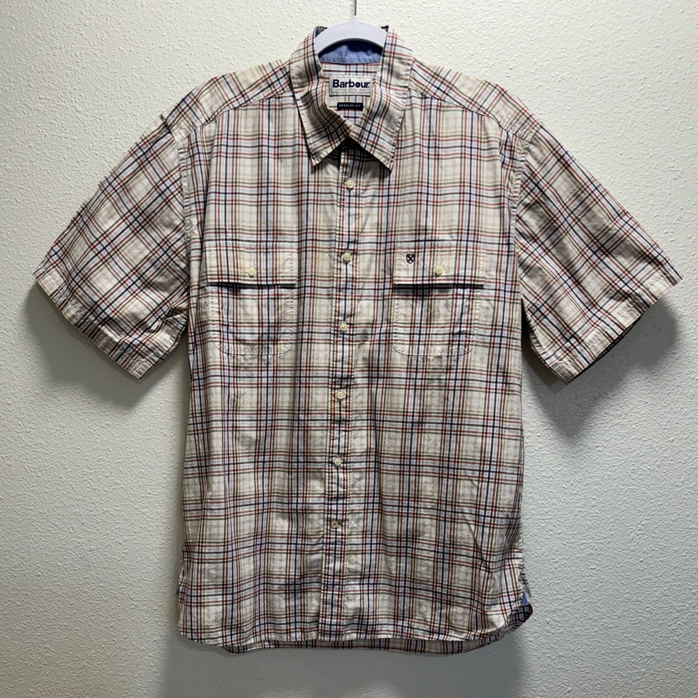 Barbour Flannel Button Down Shirt Short Sleeve Cotton Embroidered Pocket Large
